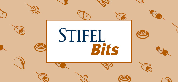 Stifel Bits in a white box with an orange stroke, behind Stifel Bits, orange illustrations of food against a light orange background